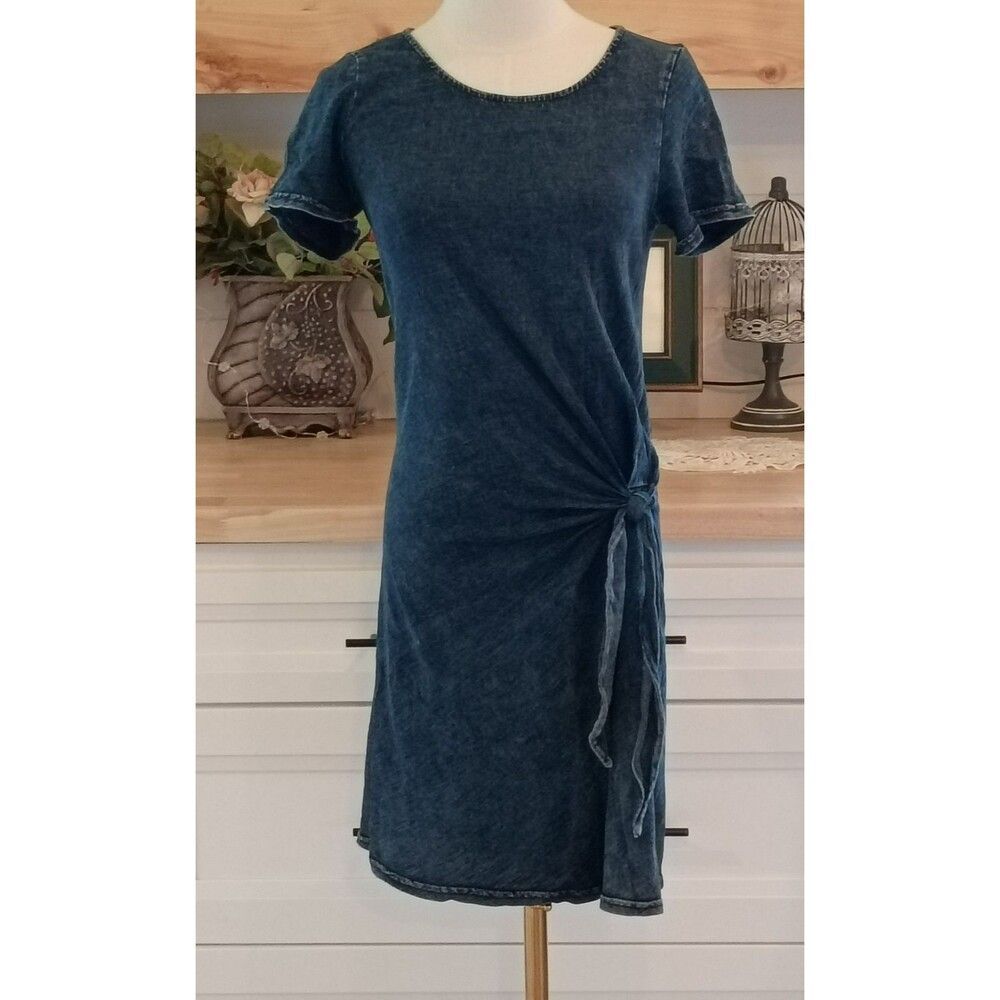 Jane & Delancey 100% Cotton Blue Denim Dress Tie Waist Short Sleeve Stretchy XS